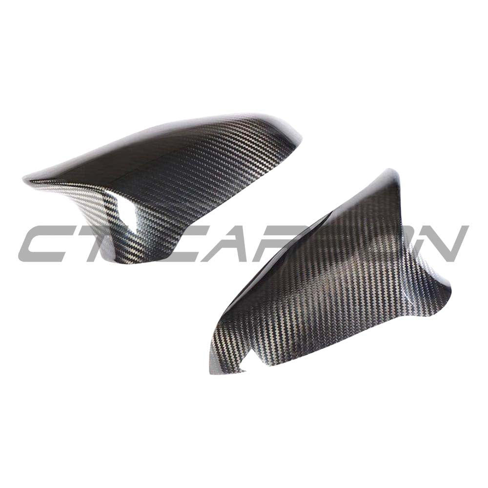 BMW F80/F82/F83/F87 M2C M3 M4 carbon fibre mirror accessories by CT Carbon, RHD only, detailed close-up of carbon fibre mirrors.