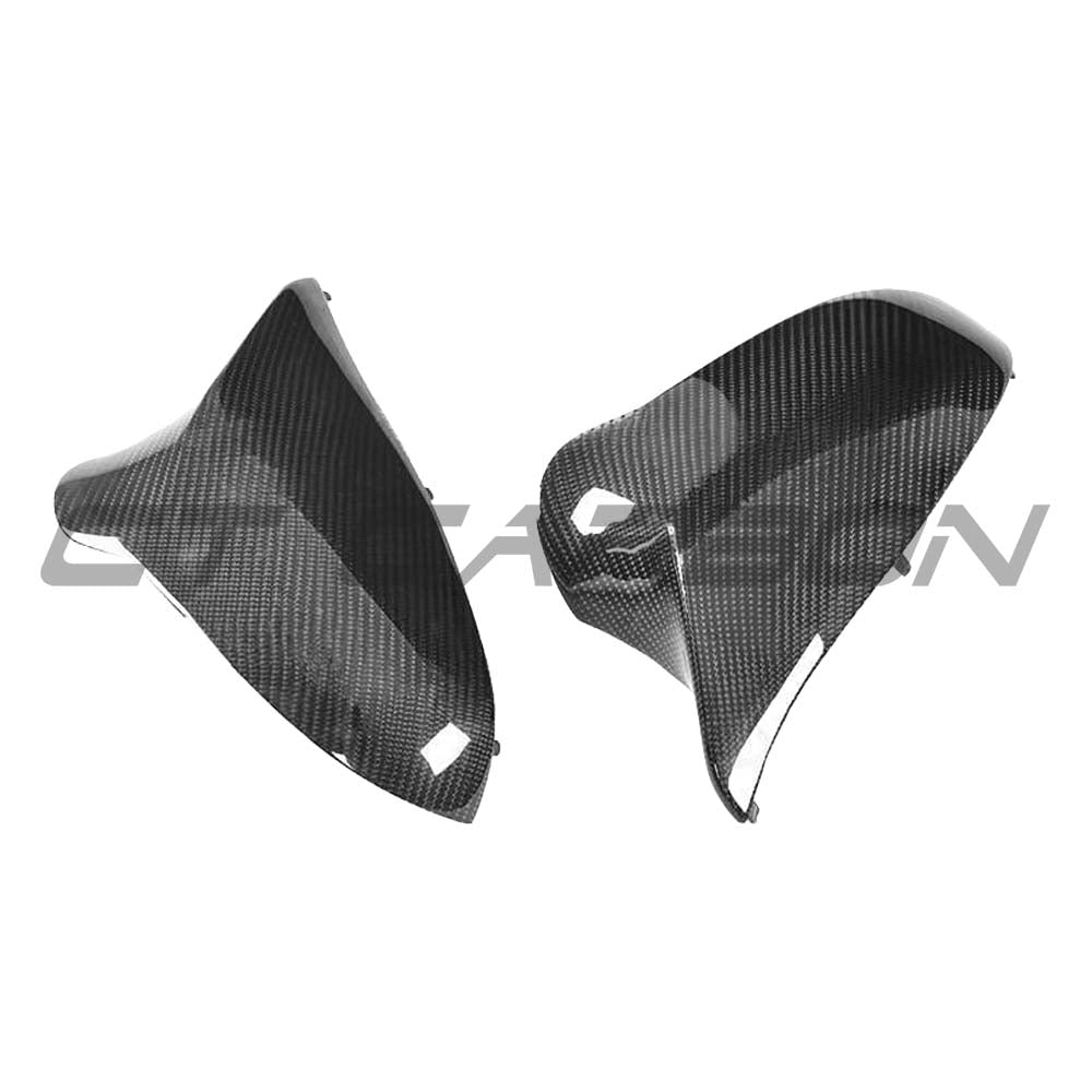 BMW F80/F82/F83/F87 M2C M3 M4 carbon fibre side mirrors by CT Carbon, RHD only, showcasing sleek lightweight mirror covers.