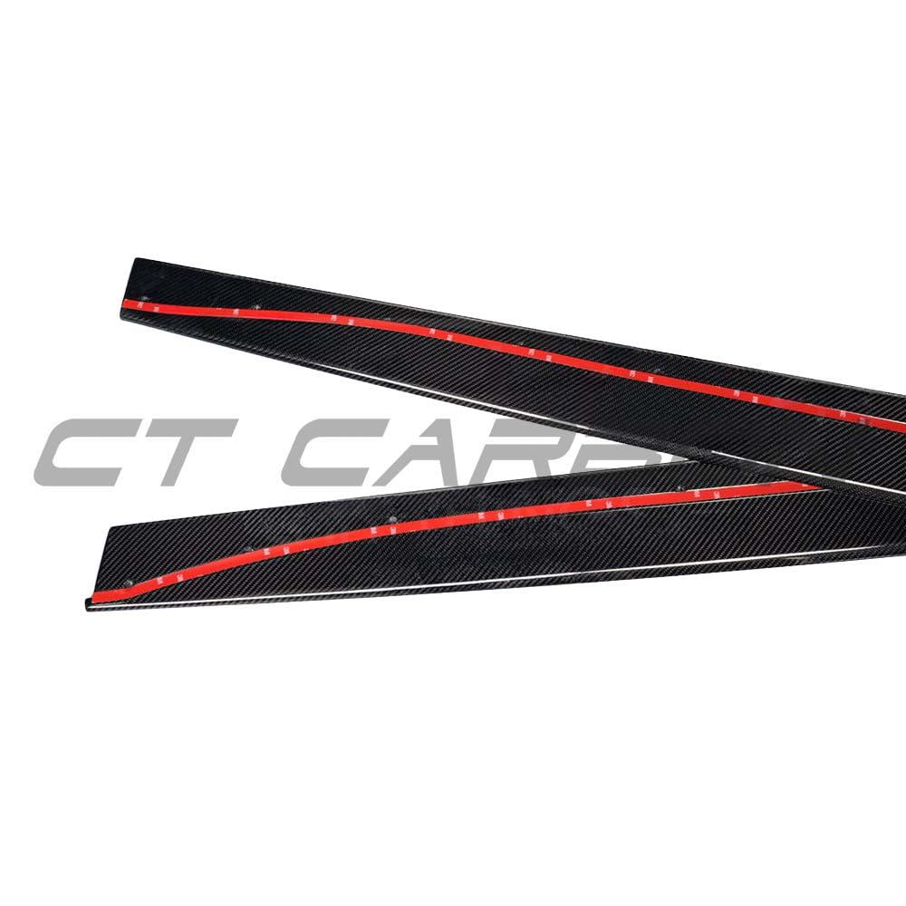 BMW M3 F80 and M4 F82 carbon fibre side skirts by CT Carbon, V-style, showcasing sleek full carbon fibre design.