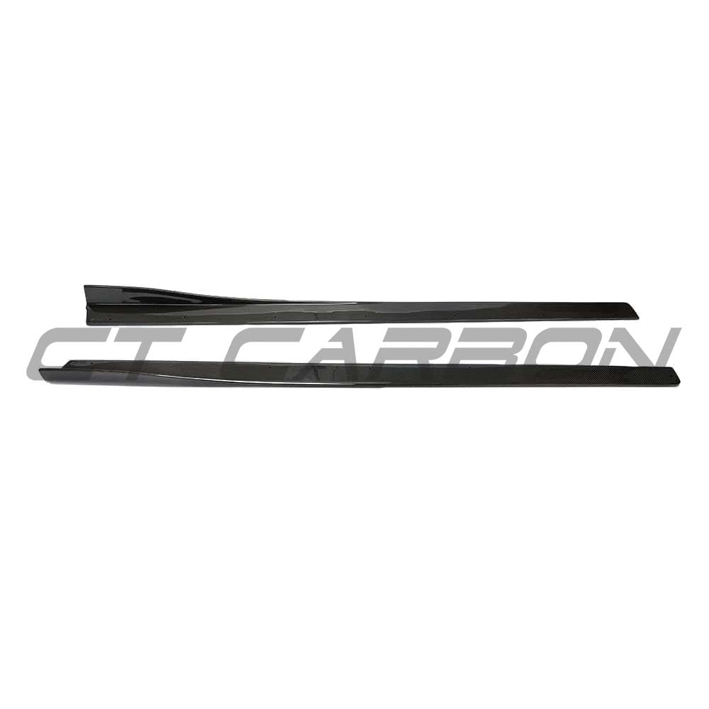 BMW M3 M4 F80 F82 F83 carbon fibre side skirts by CT Carbon, showcasing 3D-style design on a sleek vehicle side.