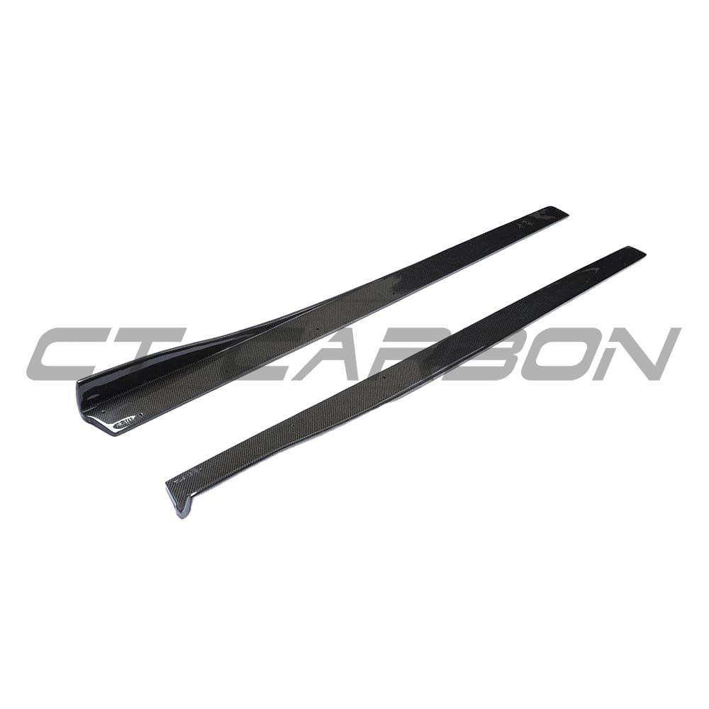BMW M3 M4 F80 F82 F83 carbon fiber side skirts by CT Carbon, showing the sleek 3D-style design on the vehicle.