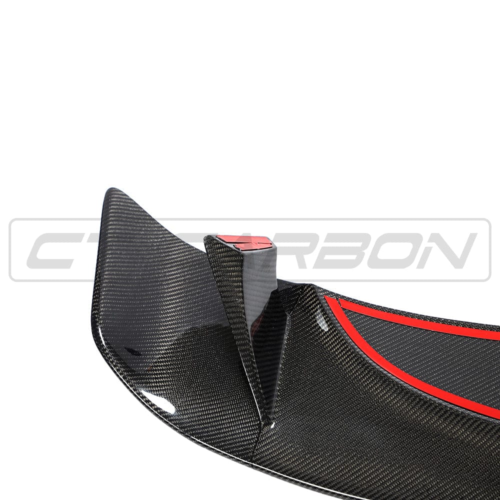 Carbon fibre spoiler for Mini Cooper S F56/JCW Sport Pack by CT Carbon, shown mounted on the vehicle with aerodynamic design.
