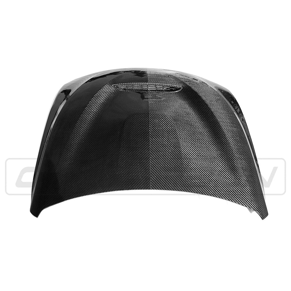 BMW M3 M4 F80 F82 F83 carbon fibre bonnet by CT Carbon, GTS style, shown on vehicle with detailed carbon fiber finish.