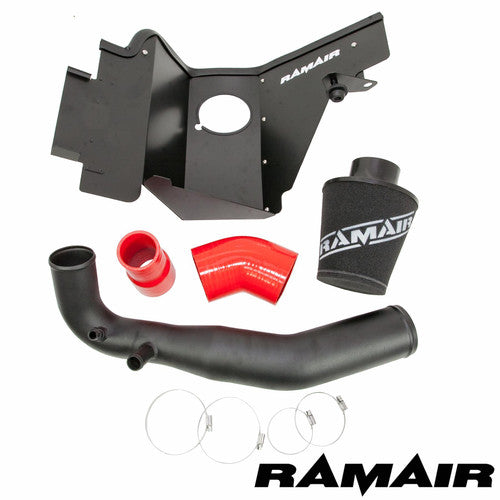 Ramair Ford Mustang 2.3 Ecoboost induction kit with red jet stream foam air filter, heat shield, and hard pipe for improved airflow.