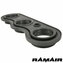 Ramair Triumph Rocket 3 air filter induction kit installed, showcasing high-performance air filter with sleek design and branding.