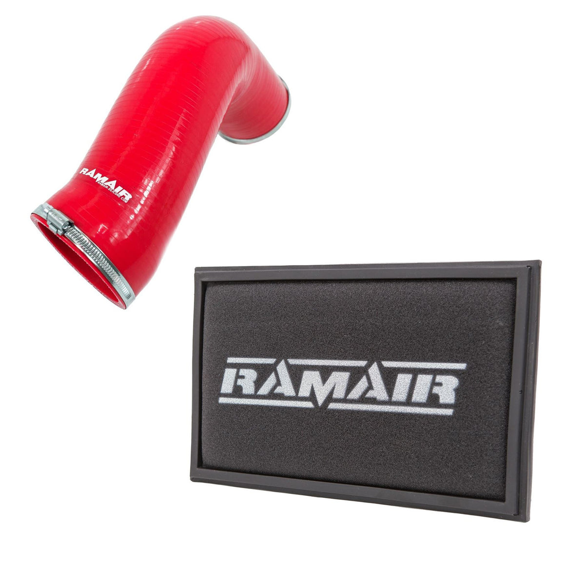 Ramair silicone intake pipe hose and replacement air filter for Audi S3 TSI MQB induction kit, showing the polished silicone hose and filter element.