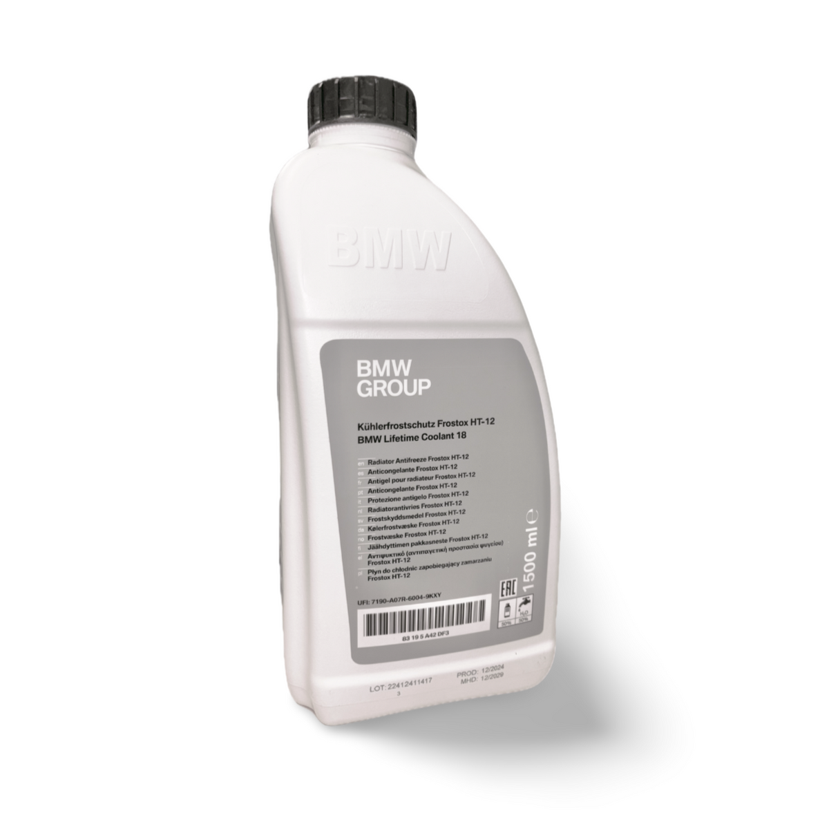 Genuine BMW green coolant antifreeze 1.5L container, engine cooling solution, with brand label and product details visible.