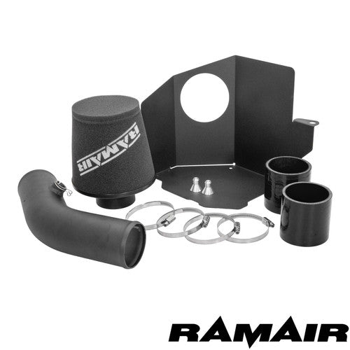 Ramair air filter induction intake kit installed in a Ford Fiesta ST MK8 1.5 Ecoboost engine bay, showing the sleek filter and intake components.