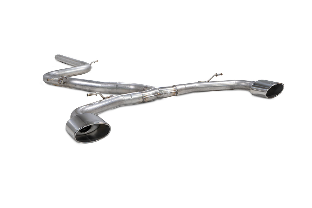 Scorpion Volkswagen Golf MK8 GTI Clubsport GPF-Back Exhaust System with non-resonated Predator design, showing polished metal pipes and muffler