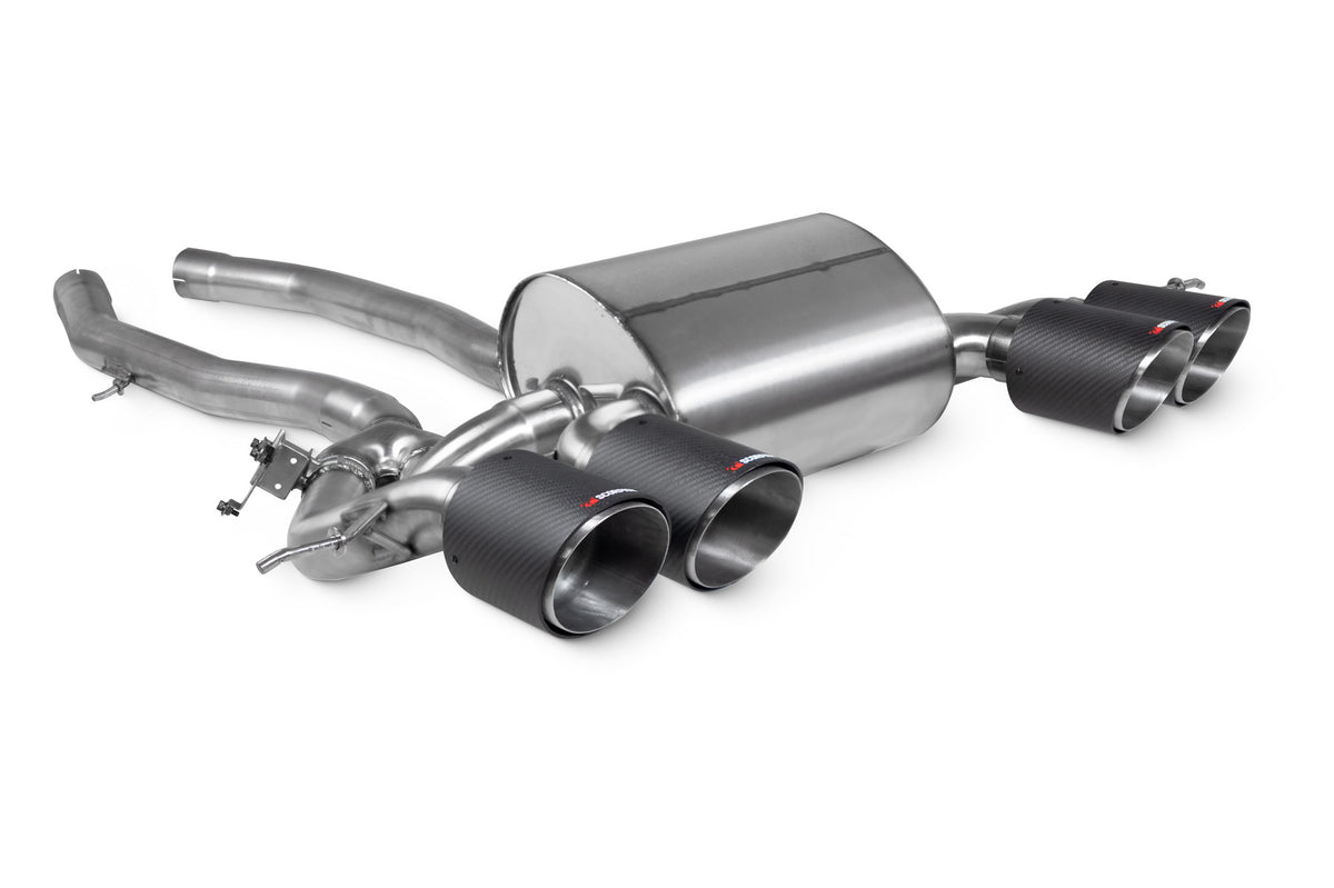 Scorpion BMW M3 G81 Touring Half Exhaust System with polished stainless steel pipes and dual exhaust tips.