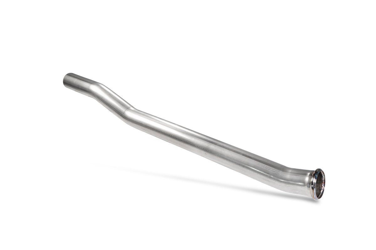 Scorpion BMW 128ti F40 and MINI Clubman F54 Cooper S GPF delete pipe installed, showcasing stainless steel exhaust modification.
