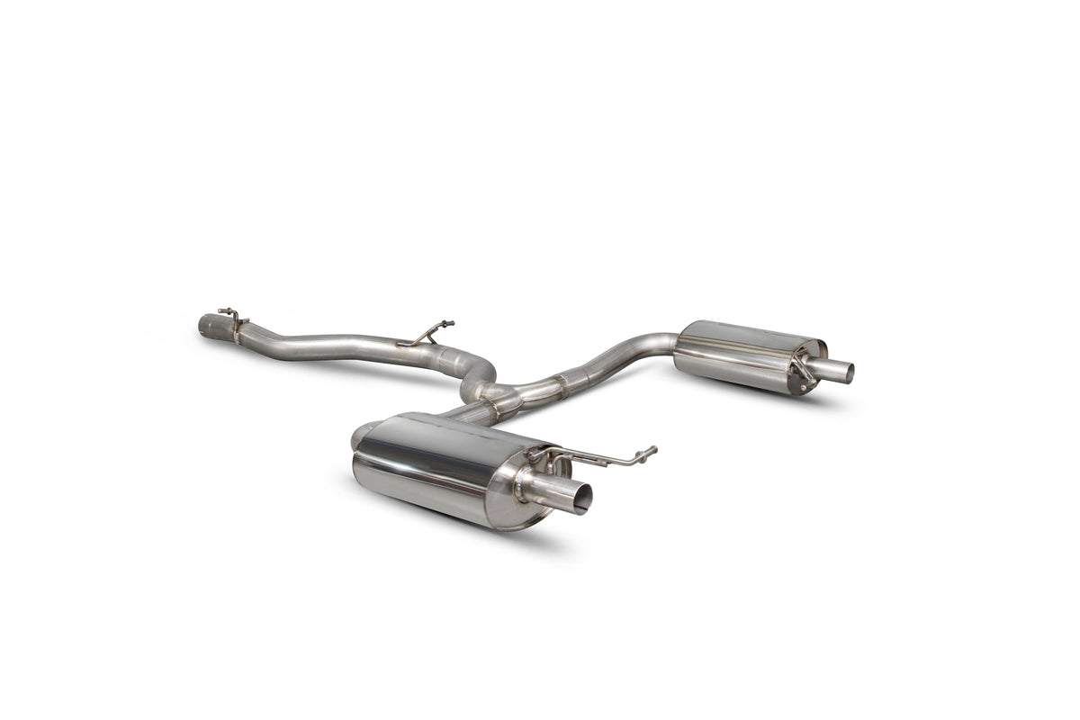 Scorpion Volkswagen Golf MK7 R estate non-resonated cat-back exhaust system installed, showcasing polished stainless steel pipes and muffler.
