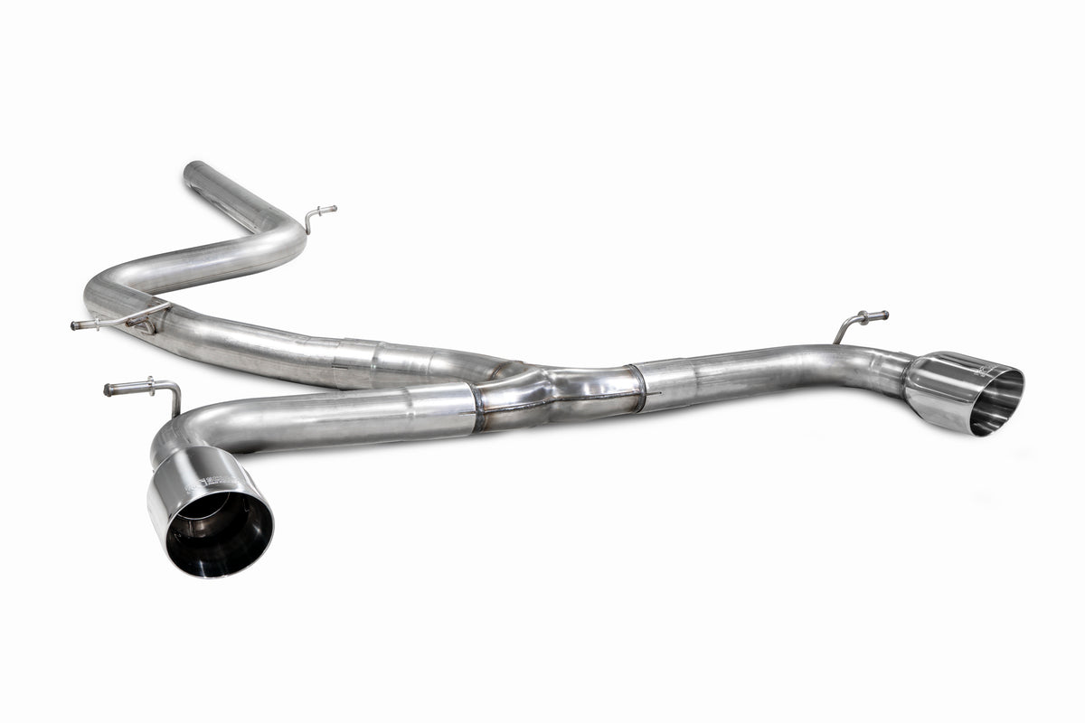 Scorpion Volkswagen Golf MK7 GTD cat-back exhaust system with GTI style muffler and chrome tips on a black vehicle.