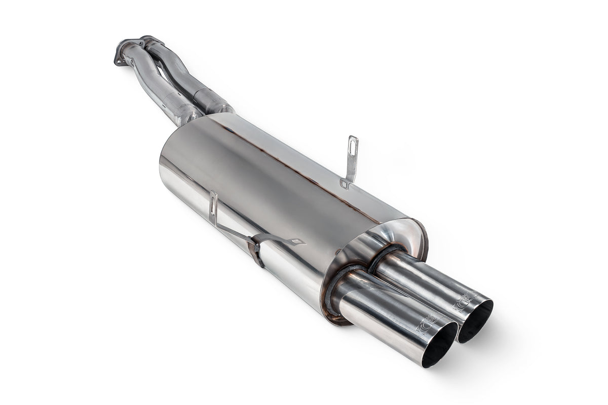 Scorpion BMW M3 E36 cat-back exhaust system with polished stainless steel muffler and dual exhaust tips.