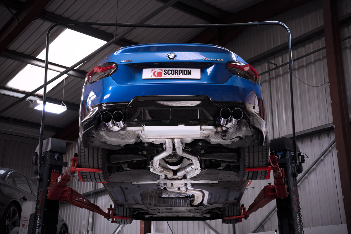 Scorpion BMW M240i G42 GPF-back exhaust system with electronic valve and xDrive cat/GPF-back system installed on the vehicle.