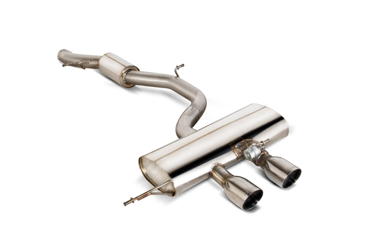 Scorpion Volkswagen Golf Mk6 R 2.0 Tsi resonated cat-back exhaust system with polished stainless steel pipes and muffler for enhanced sound.