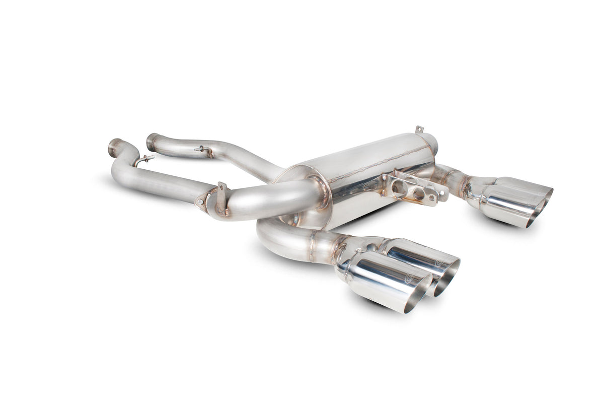 Scorpion BMW M3 E90 E92 half exhaust system, showcasing polished stainless steel pipes and muffler for enhanced performance.