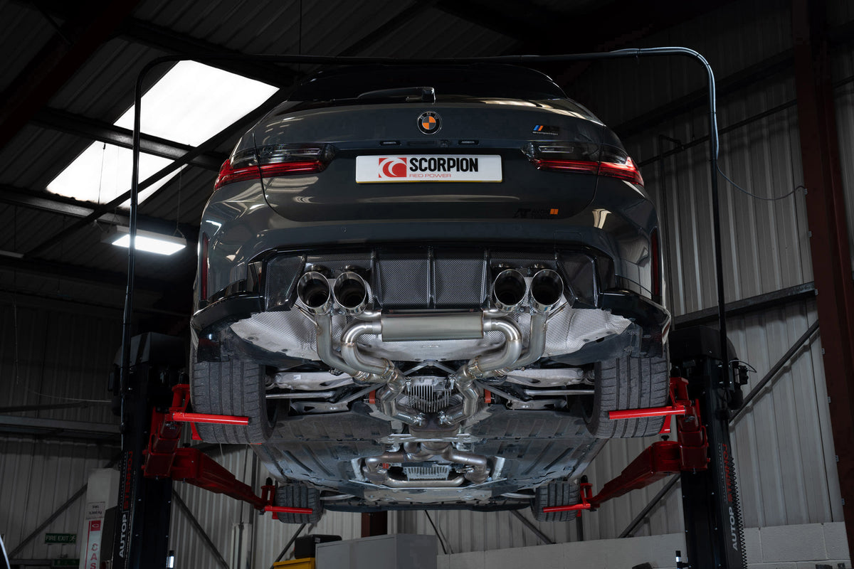 Scorpion BMW M3 G80/G81 M4 G82 exhaust mid-pipe with competition and xDrive compatibility, metal construction, and dual inlet design.