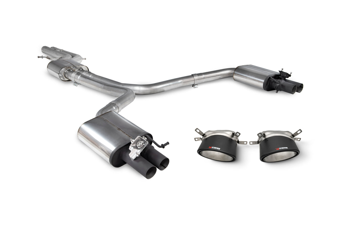 Scorpion Audi RS6 C7 Avant resonated half system tailpipe trim with polished finishes, showcasing the exhaust upgrade details.