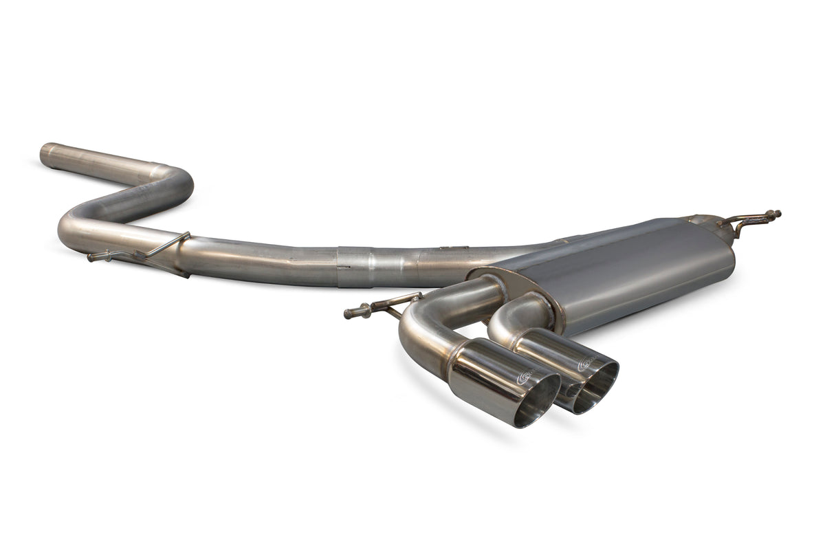 Scorpion Volkswagen Golf MK6 GT 2.0 Tdi cat-back exhaust system installed, featuring non-resonated pipes and polished stainless steel finish.