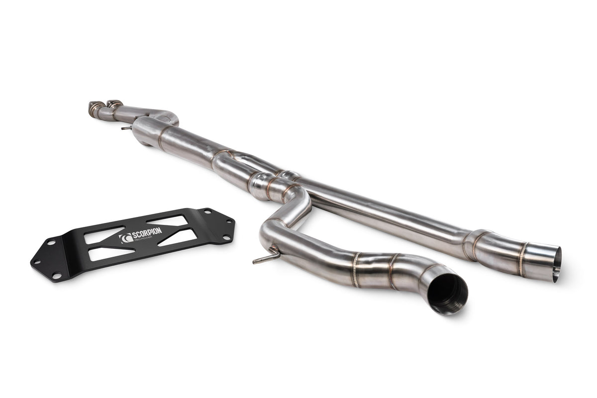 Scorpion BMW M3 F80 and M4 F82 F83 exhaust mid pipe, metal with welded joints, designed for performance and fitment.