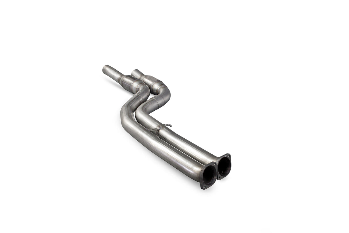 Scorpion BMW F80 M3 and F82/F83 M4 sports catalyst exhaust section with high flow design, metallic finish and detailed construction.