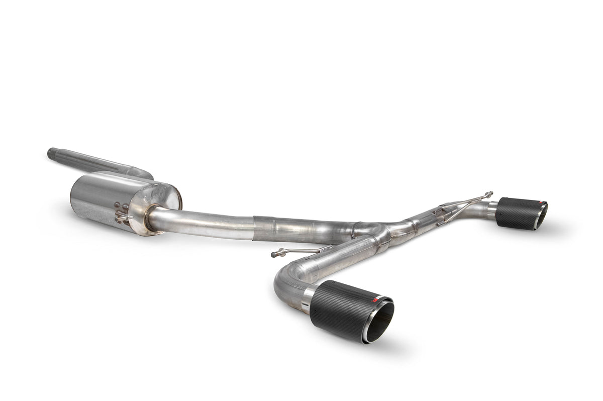Scorpion Volkswagen Scirocco R resonated predator cat-back exhaust system installed on a car, showcasing polished metal pipes and muffler