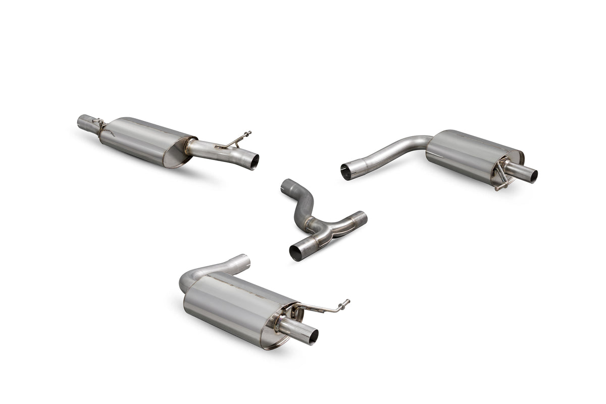 Scorpion Volkswagen Golf MK7 R Estate resonated cat-back exhaust system with polished stainless steel pipes and dual tailpipes.