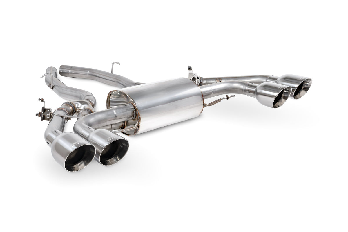 Scorpion BMW X3 M G01 LCI and X4 M G02 Competition half exhaust system with valves, showcasing the polished metal and valve components.