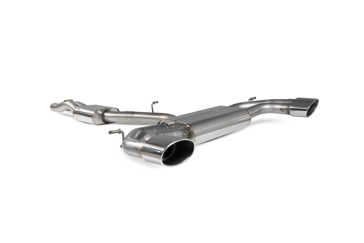 Scorpion Audi RS3 8V saloon cat-back exhaust system with resonated pipes, no valves, stainless steel construction, and dual tailpipes.