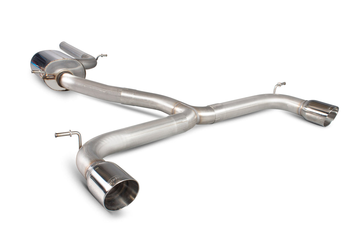 Scorpion Volkswagen Golf MK7 GTI non-resonated cat-back exhaust system with stainless steel pipes and dual exhaust tips.