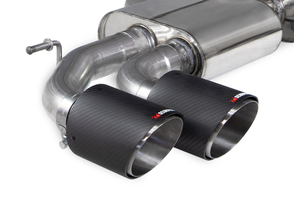 Scorpion Audi S3 8Y Sportback GPF-Back Exhaust System with non-resonated cat and dual exhaust tips, stainless steel finish.