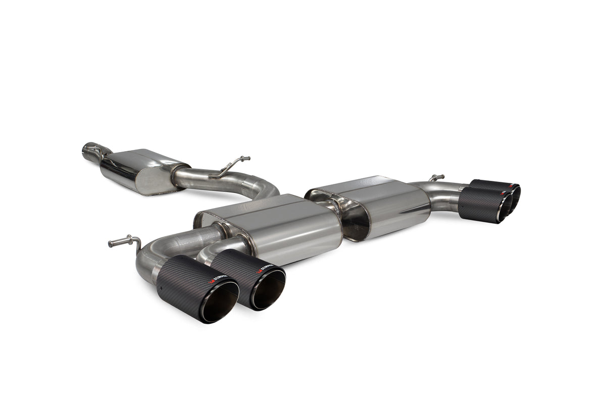 Scorpion Audi S3 8V GPF-back exhaust system with resonated 3-door/sportback design, showcasing polished metal pipes and dual exhaust tips.