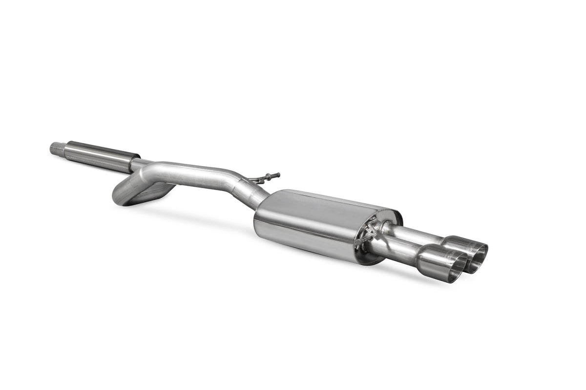 Scorpion Volkswagen Polo Gti 1.8T 9n3 resonated cat-back exhaust system with polished metal pipes and dual exhaust tips.