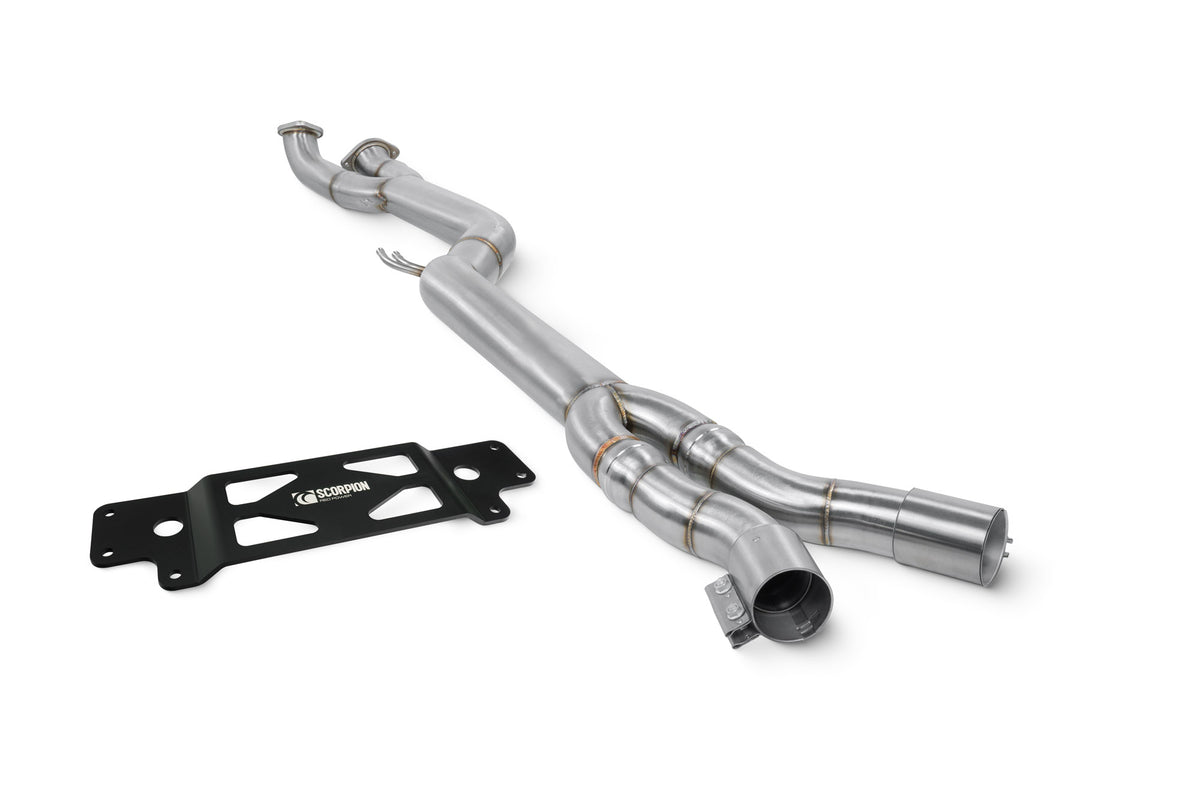 Scorpion BMW M2 G87 single mid pipe exhaust component removing GPF, metal pipe with connection points, close-up view.