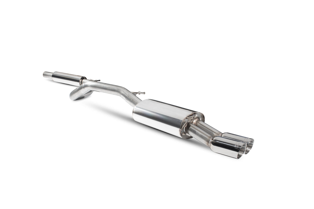 Scorpion Exhausts 1.2 TSI 6J, 6P resonated cat-back exhaust system with polished stainless steel pipes and muffler in a car engine bay