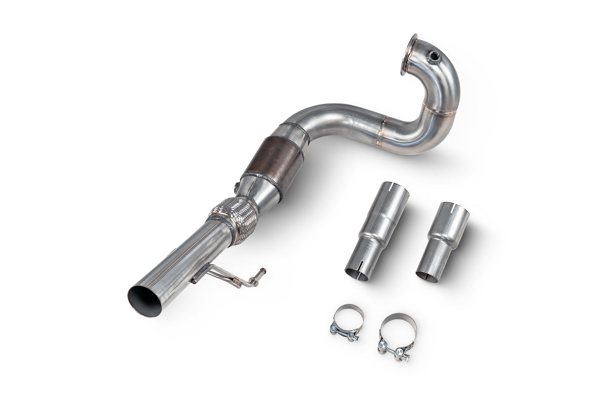 Scorpion Volkswagen UP! GTI 1.0 TSI sports cat downpipe with high flow catalyst, showcasing the stainless steel exhaust component.