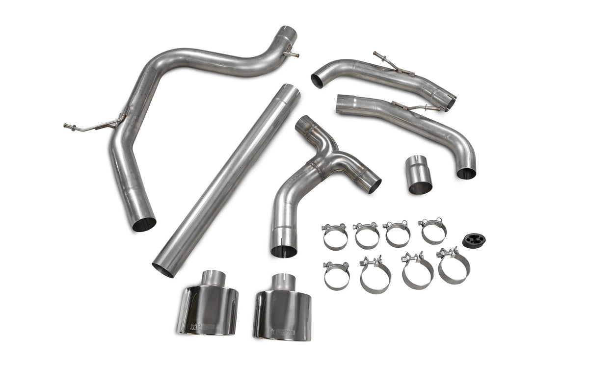 Scorpion Volkswagen Golf MK8 GTI Clubsport GPF-Back Exhaust System, non-resonated predator design, shown installed on vehicle.