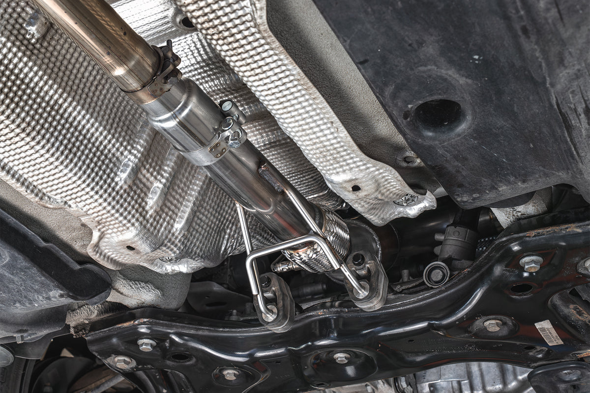 Scorpion Volkswagen UP! GTI 1.0 TSI sports cat downpipe with high flow sports catalyst, showing polished metal and exhaust connection.