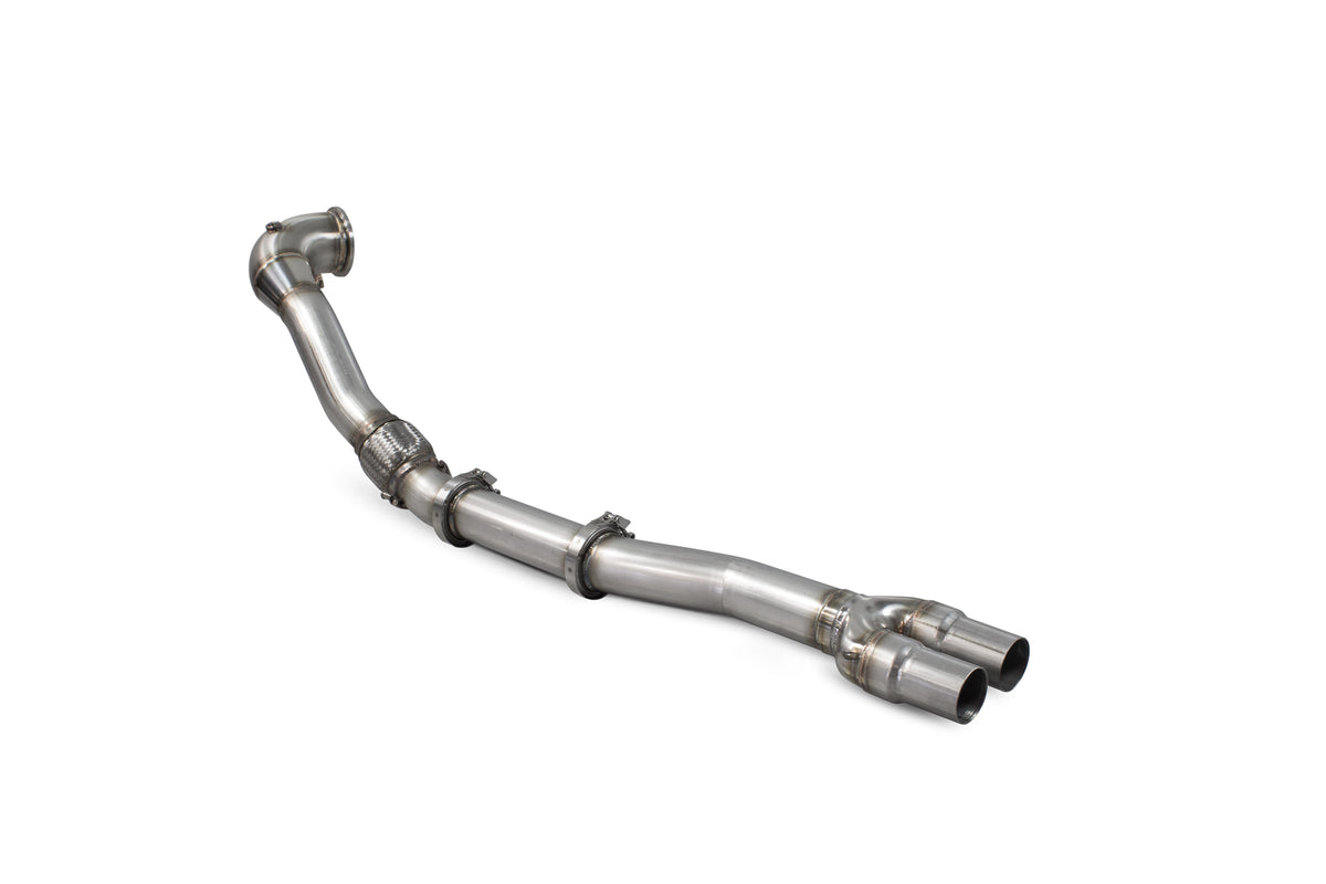 Scorpion Exhausts de-cat downpipe for Audi RS3 8Y Sportsback and Saloon non-GPF models, showcasing the stainless steel pipe and fittings.