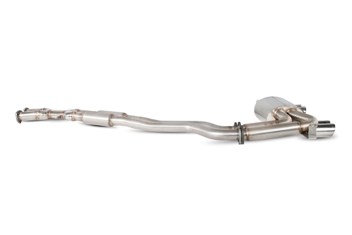 Scorpion BMW M3 E46 Cat-Back Exhaust System with polished stainless steel pipes and dual exhaust tips.