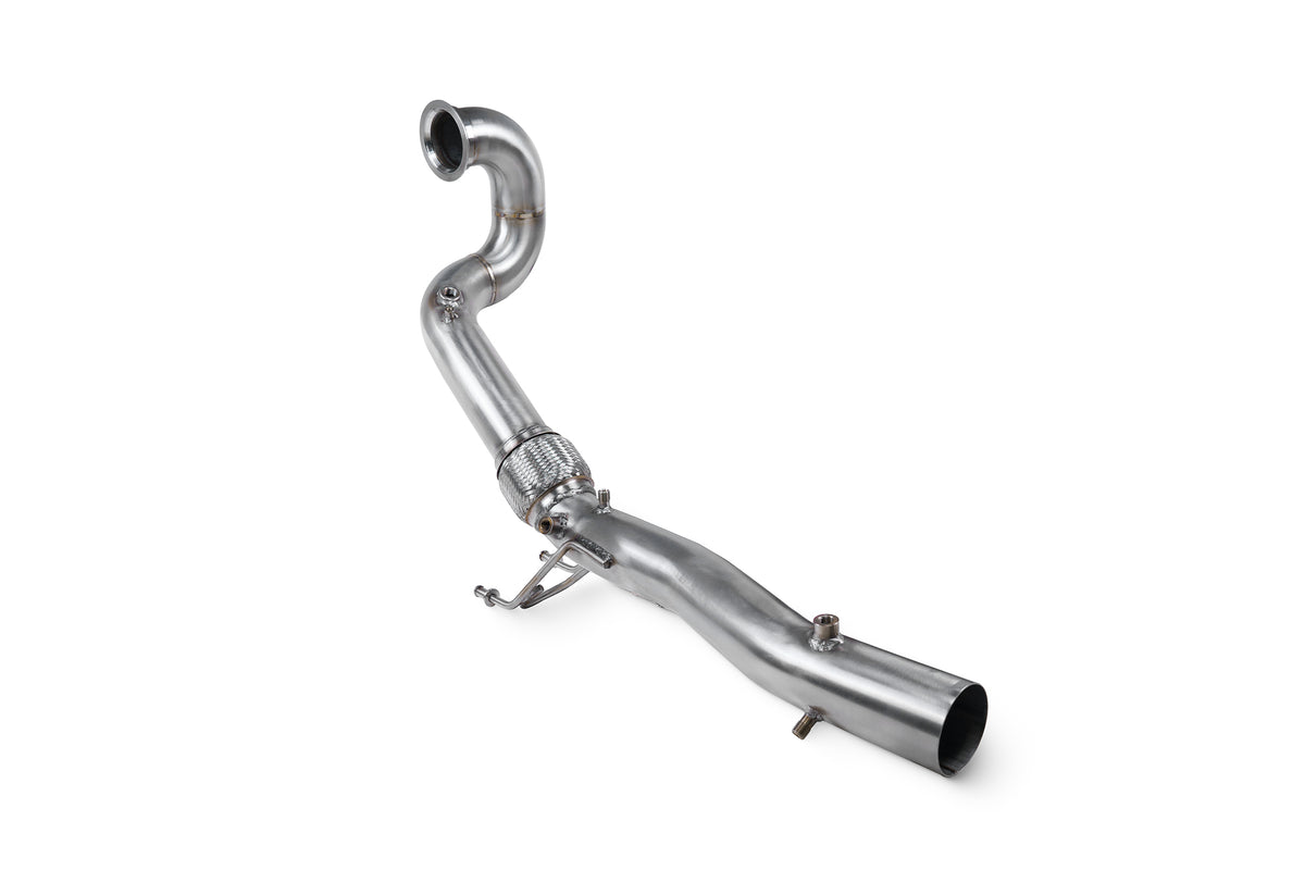 Scorpion Volkswagen Polo GTI AW pre-facelift GPF De-Cat Downpipe installed under the car showing the exhaust component