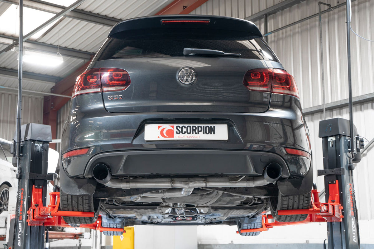 Scorpion Volkswagen Golf Mk6 GTI 2.0 TSI Edition 35 cat-back exhaust system with non-resonated predator design, stainless steel finish.