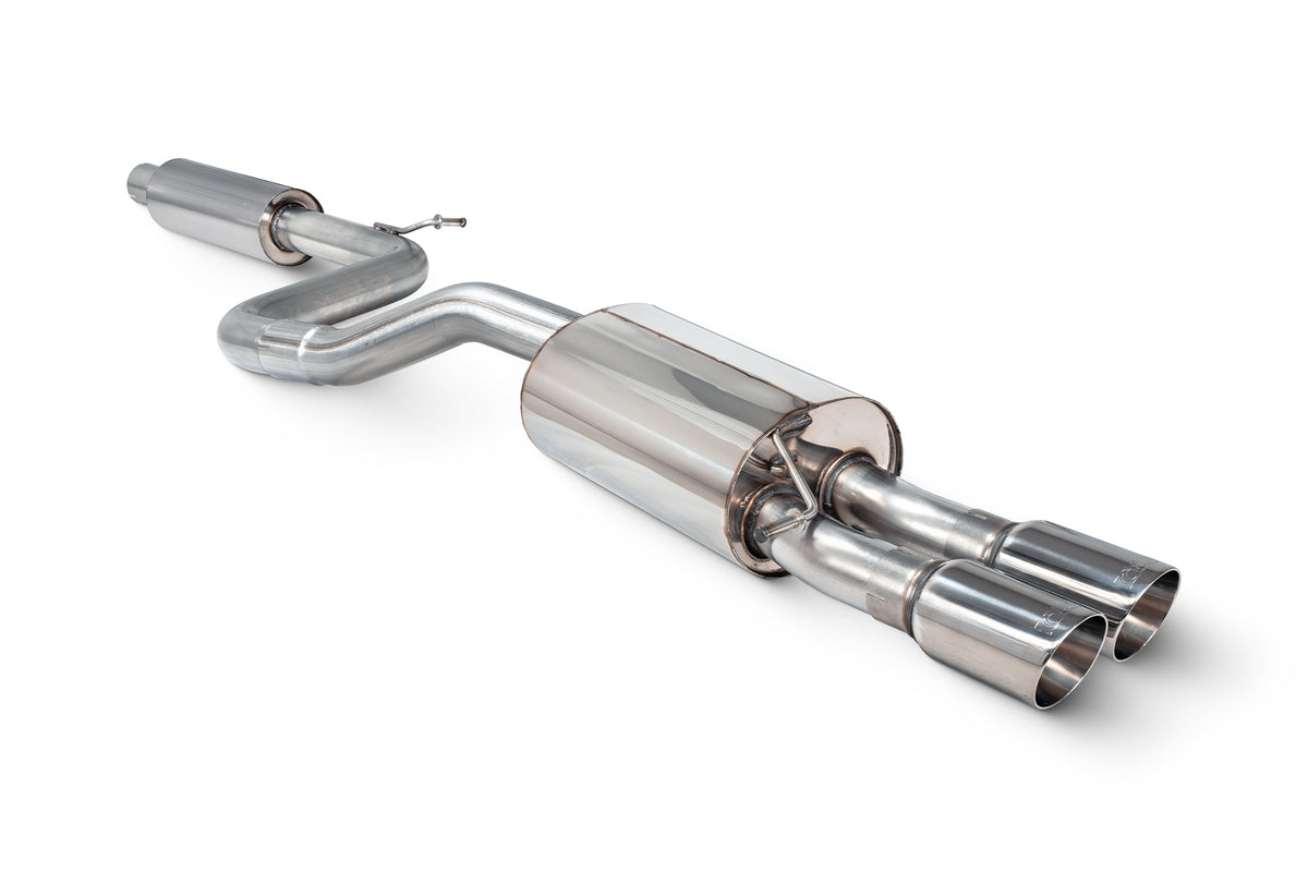 Scorpion Volkswagen Polo GTI AW GPF-Back Exhaust System, resonated, with polished metal pipes and dual exhaust tips.