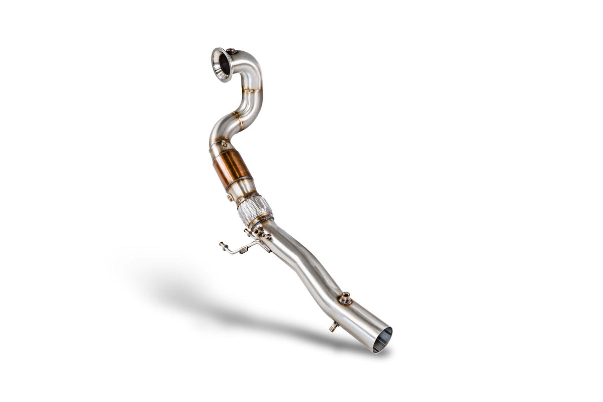 Scorpion Volkswagen Polo GTI AW sports cat downpipe with high flow catalyst, showcasing the polished metal pipe and catalytic converter.