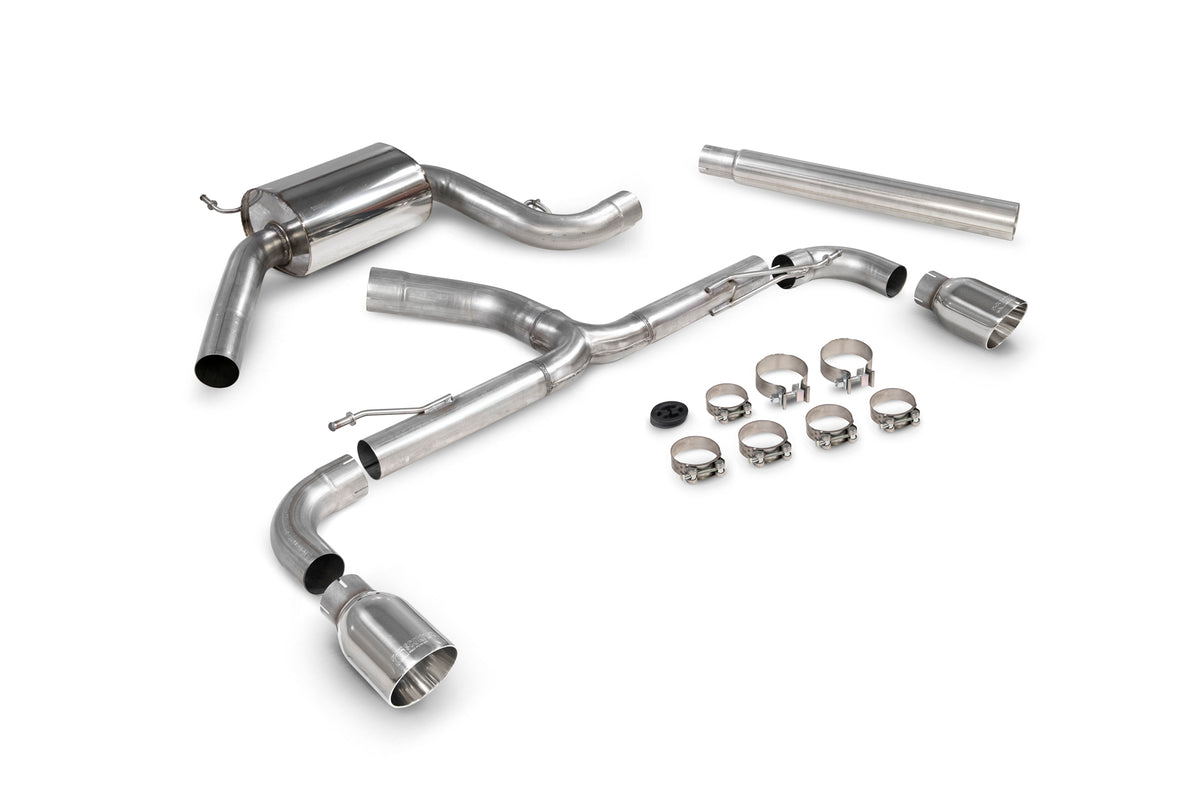Scorpion Volkswagen Scirocco R resonated predator cat-back exhaust system with polished tips and dual exhaust pipes.