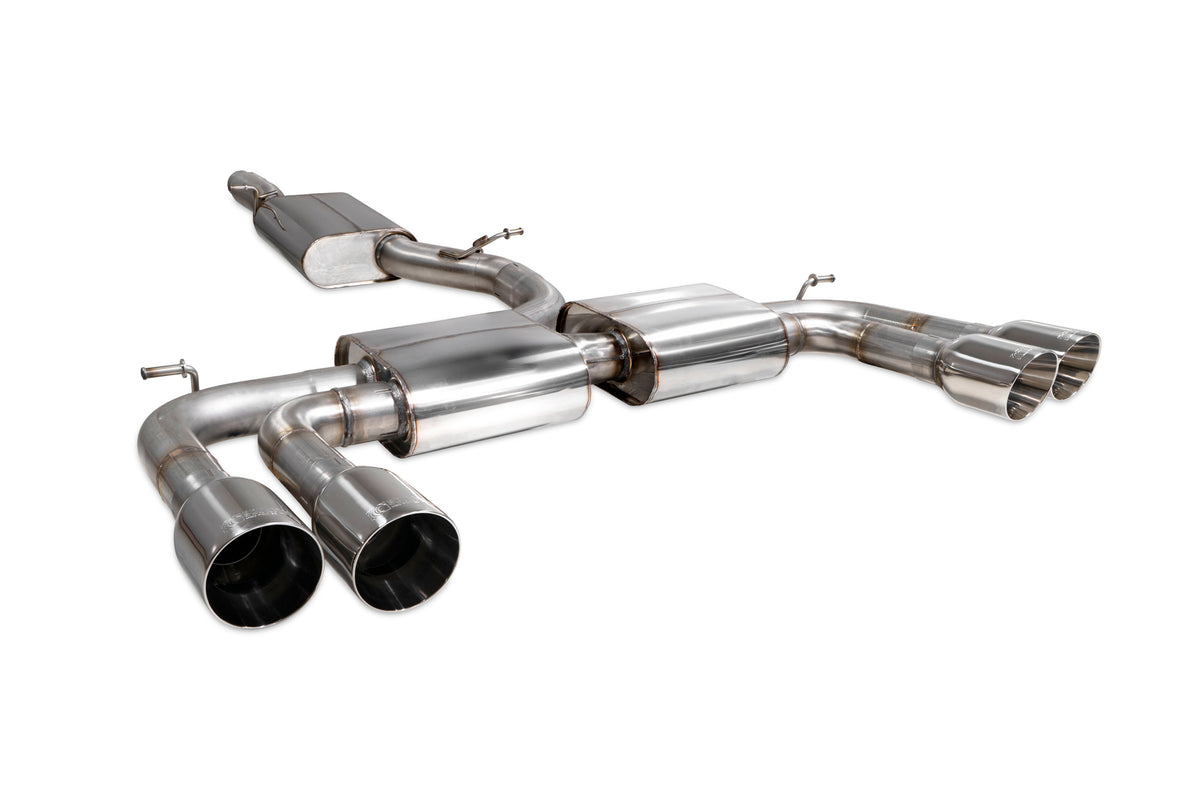Scorpion Audi S3 8V saloon GPF-back exhaust system with resonated pipes, metal construction, and dual tailpipes, without valves.