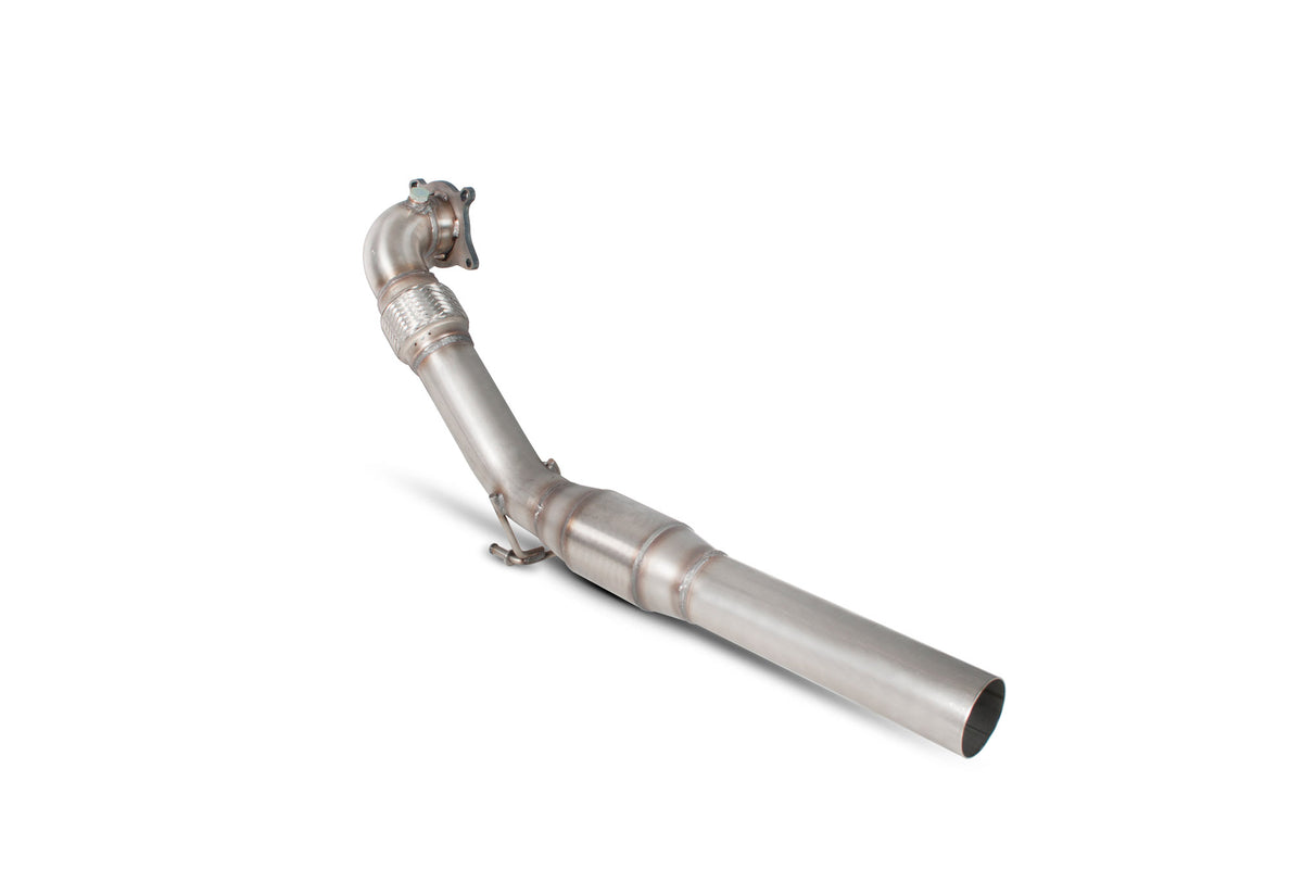 Scorpion Volkswagen Scirocco R sports cat downpipe with high flow catalyst, showing polished metal construction and connection flanges.