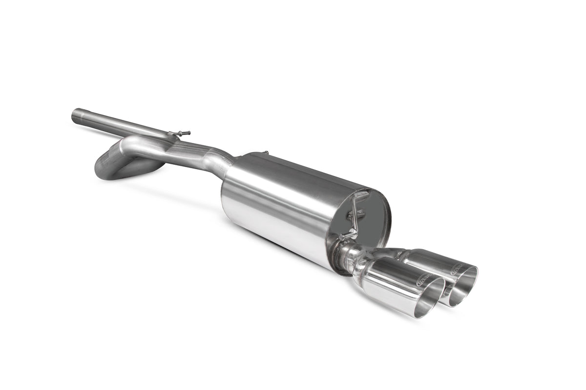 Scorpion Volkswagen Polo Gti 1.8T cat-back exhaust system with non-resonated pipes and polished tips, designed for performance.