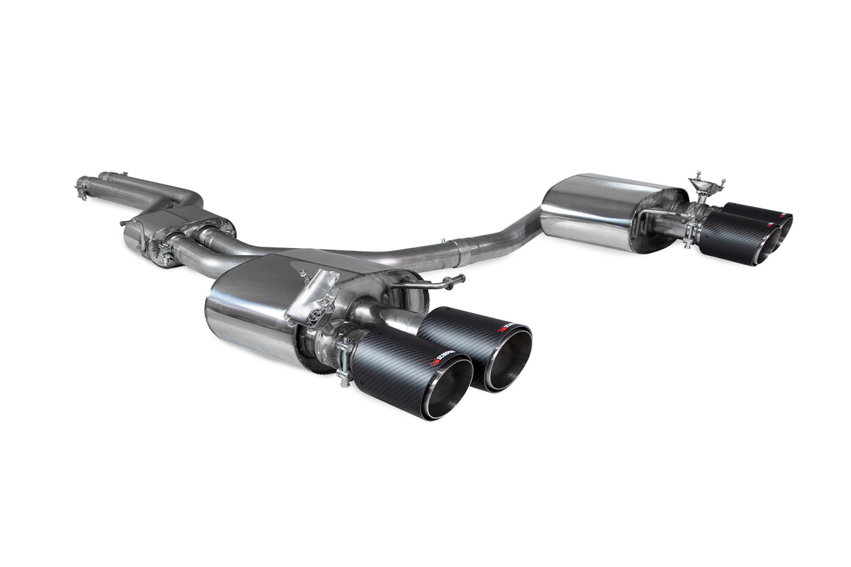Scorpion Audi S4 B9 quattro 3.0T V6 Avant exhaust system, resonated half system with polished tips, installed on vehicle.